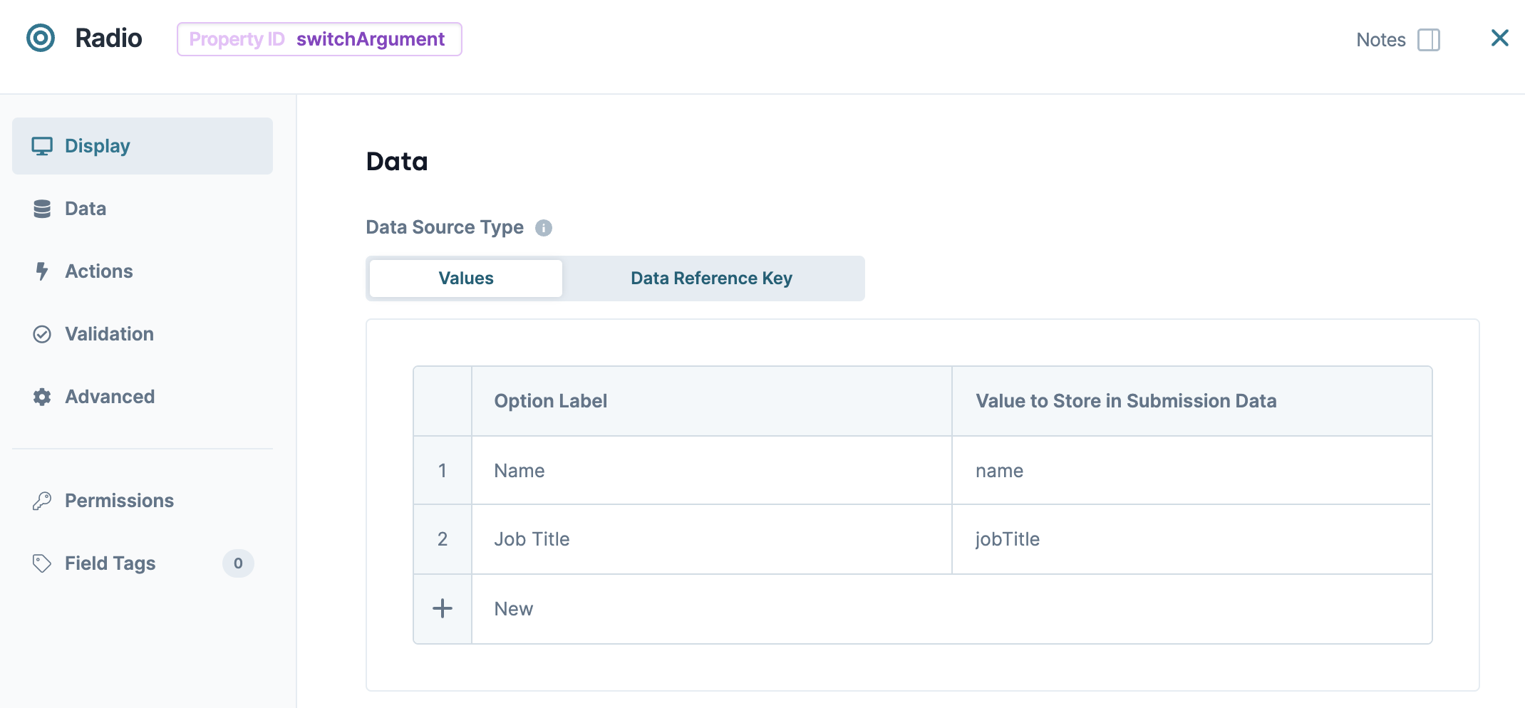 Static image showing the Radio Buttons Data table configuration in the Input Swith operator use case.