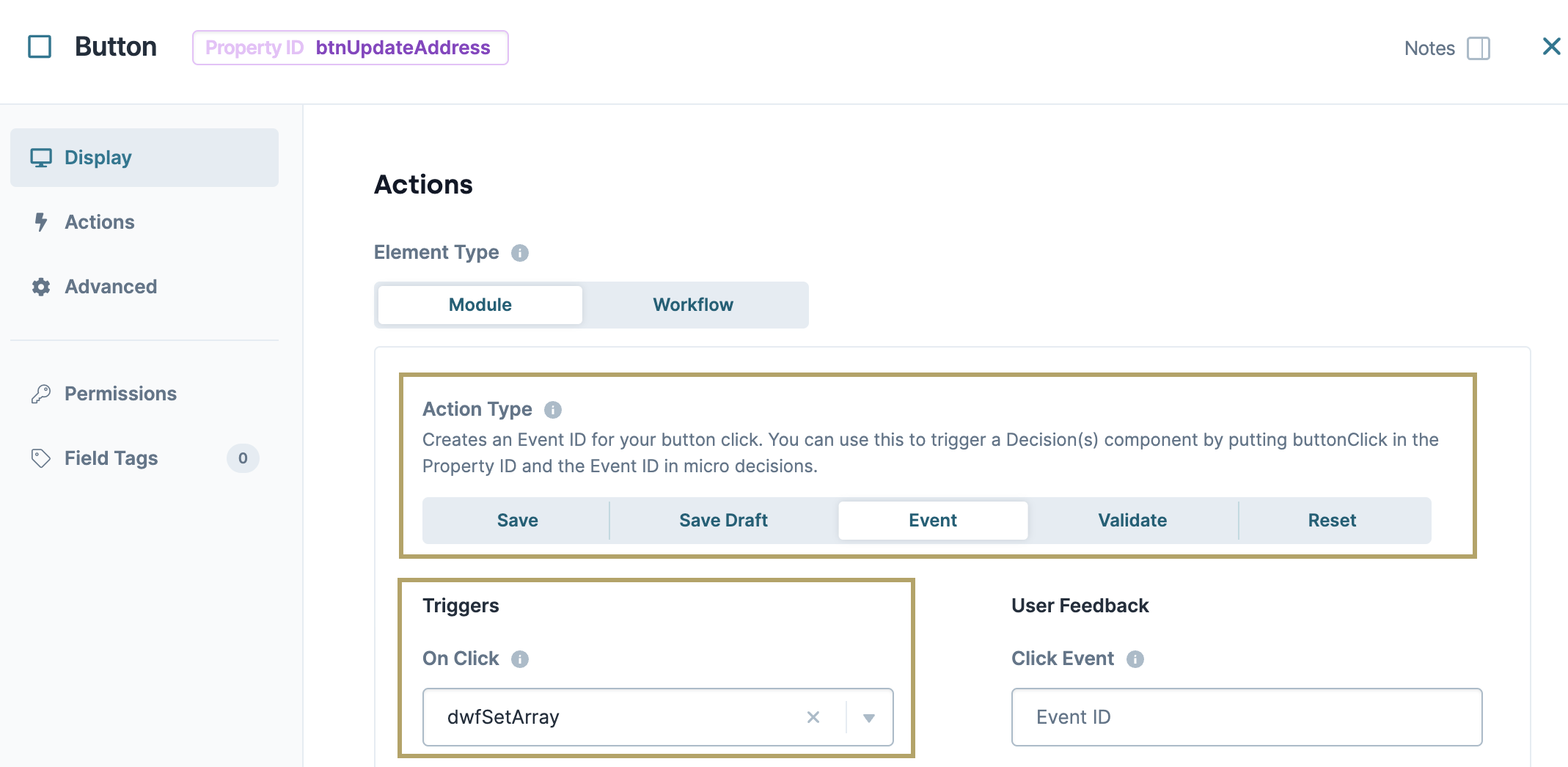 Static image showing the Button component's Action Type configuration in the Nested Array operator use case.