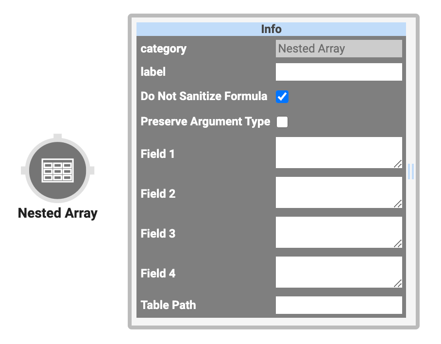 A static image displaying the Nested Array operator and its Settings Info window.