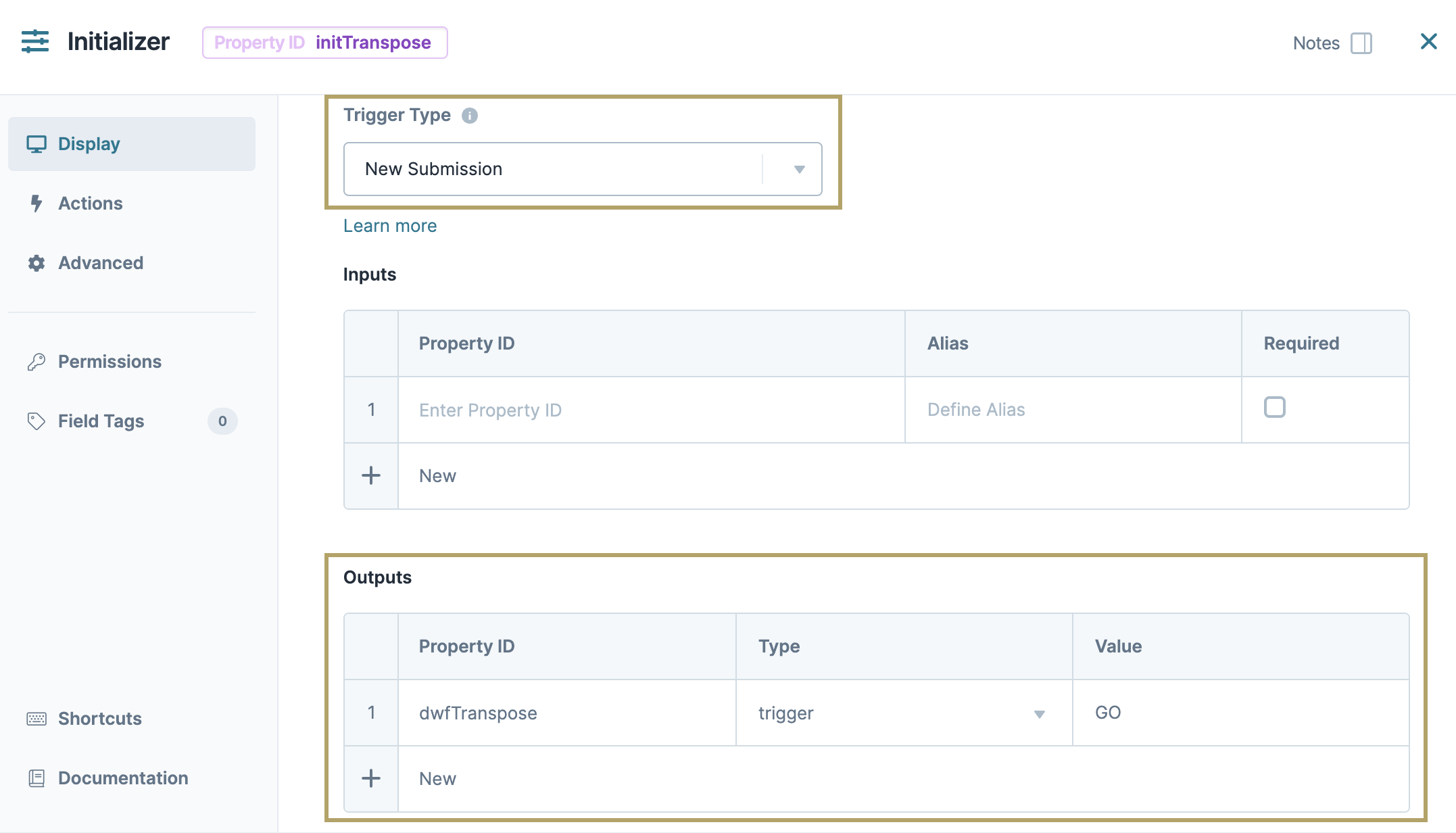 A static image displaying the Initializer configuration in the Transpose operator use case.
