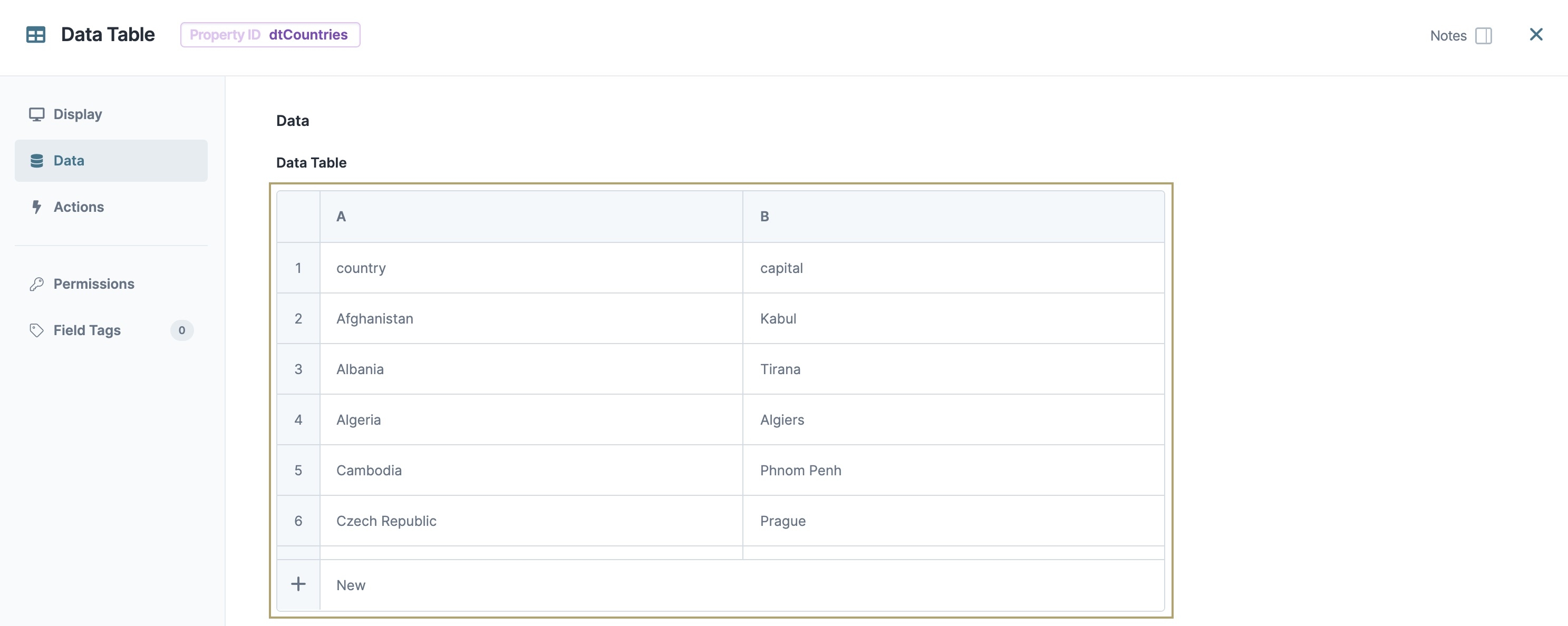 A static image displaying the completed configuration of the Data Table component.