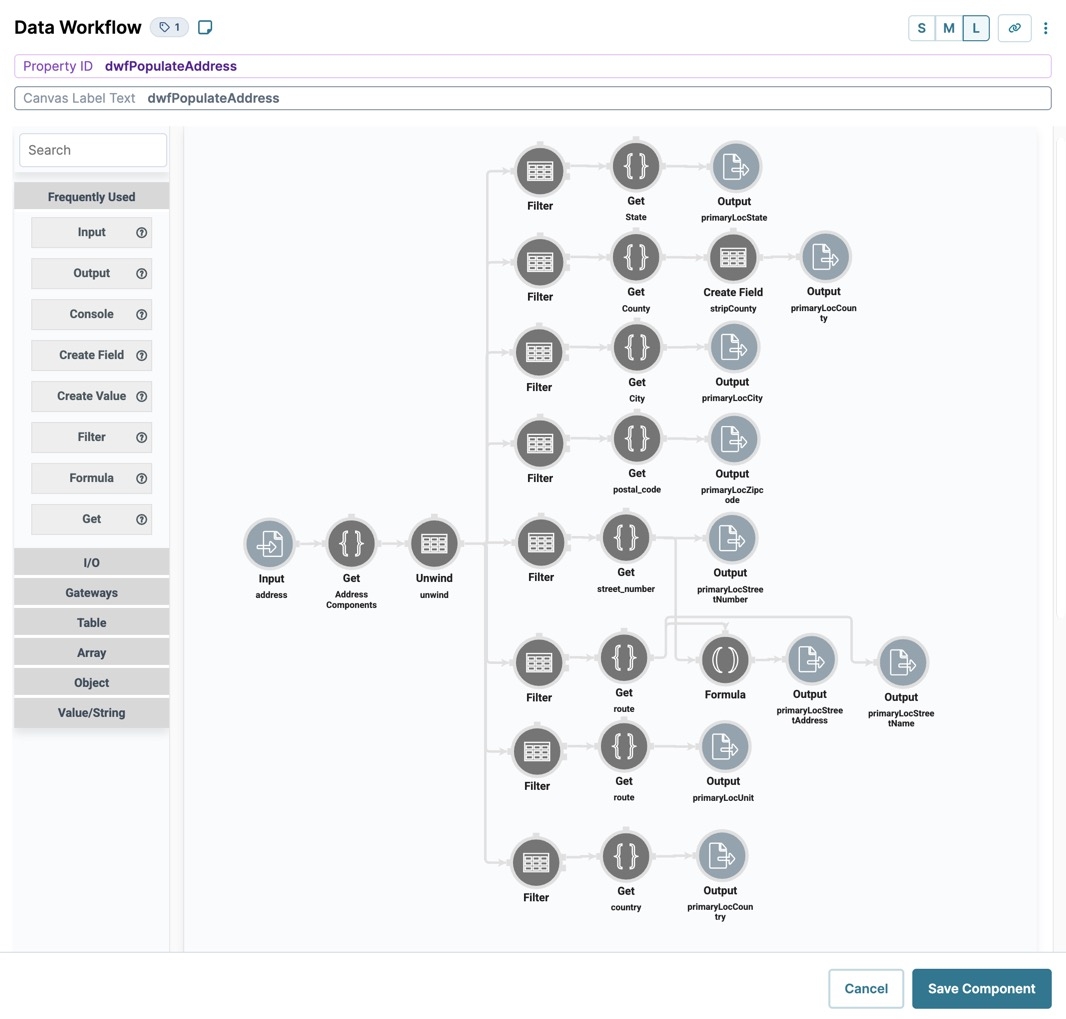A static image displaying the Address Parsing Snippet's Data Workflow component operator settings.
