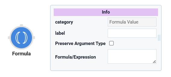 A static image displaying the Formula operator and its Settings Info window.