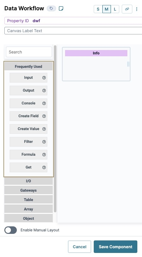 A static image displaying a Data Workflow component's configuration window. The Frequently Used operators are highlighted.