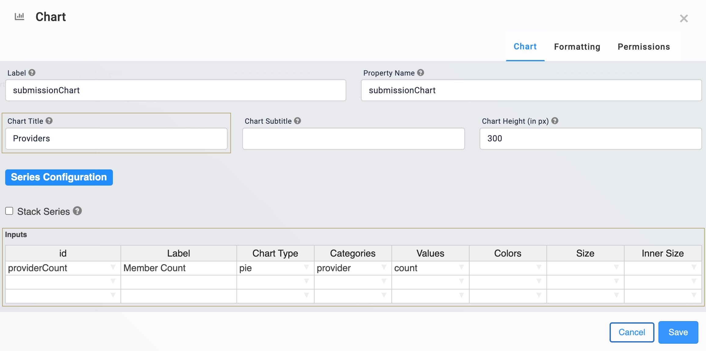 A static image displaying the Chart component's completed Inputs table and a Chart Title of Providers.