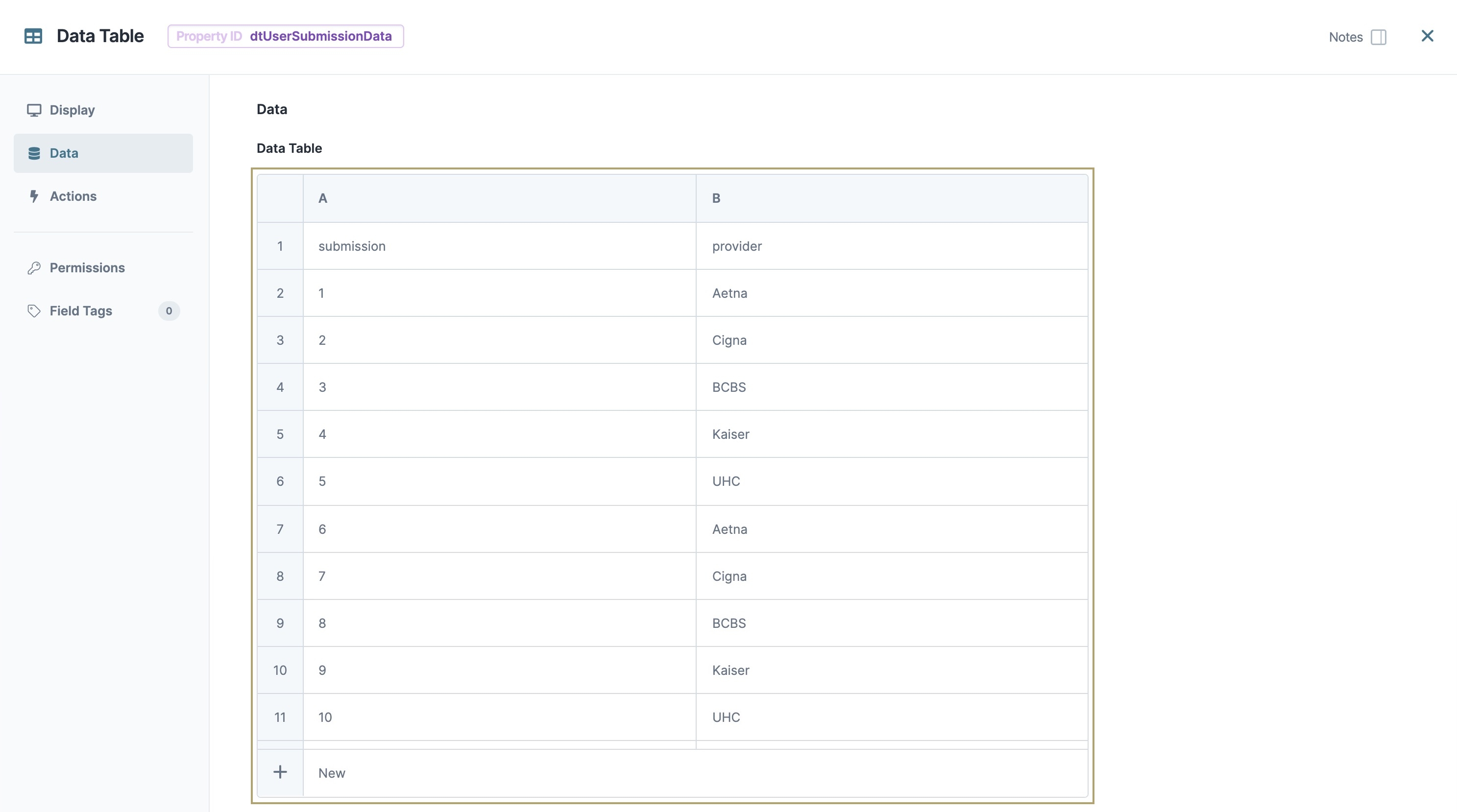 A static image displaying the completed configuration of the Data Table component.