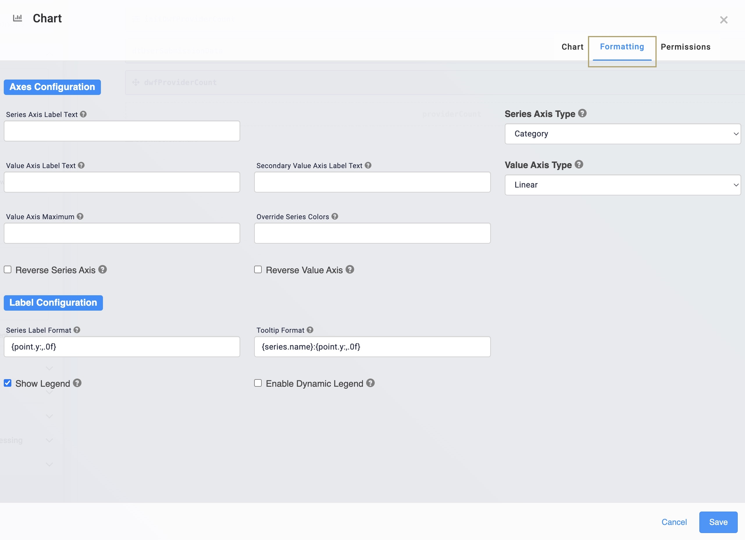 A static image dispaying the Chart component's Formatting tab settings.