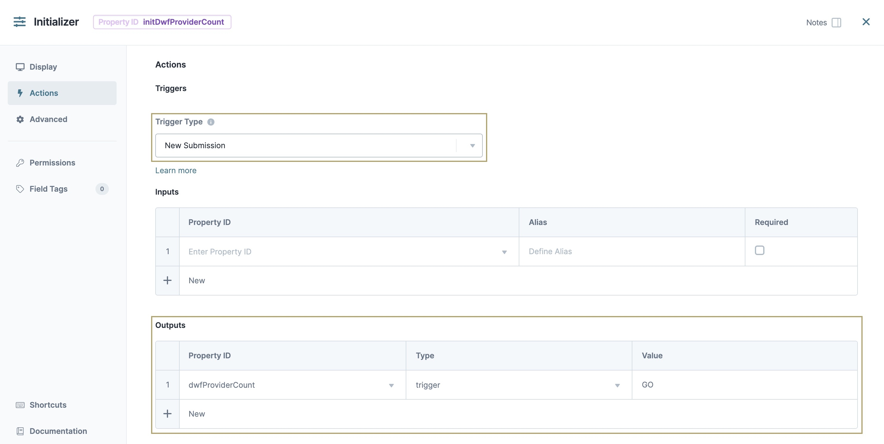 A static image displaying the completed Initializer component's Outputs table and New Submission Trigger Type.