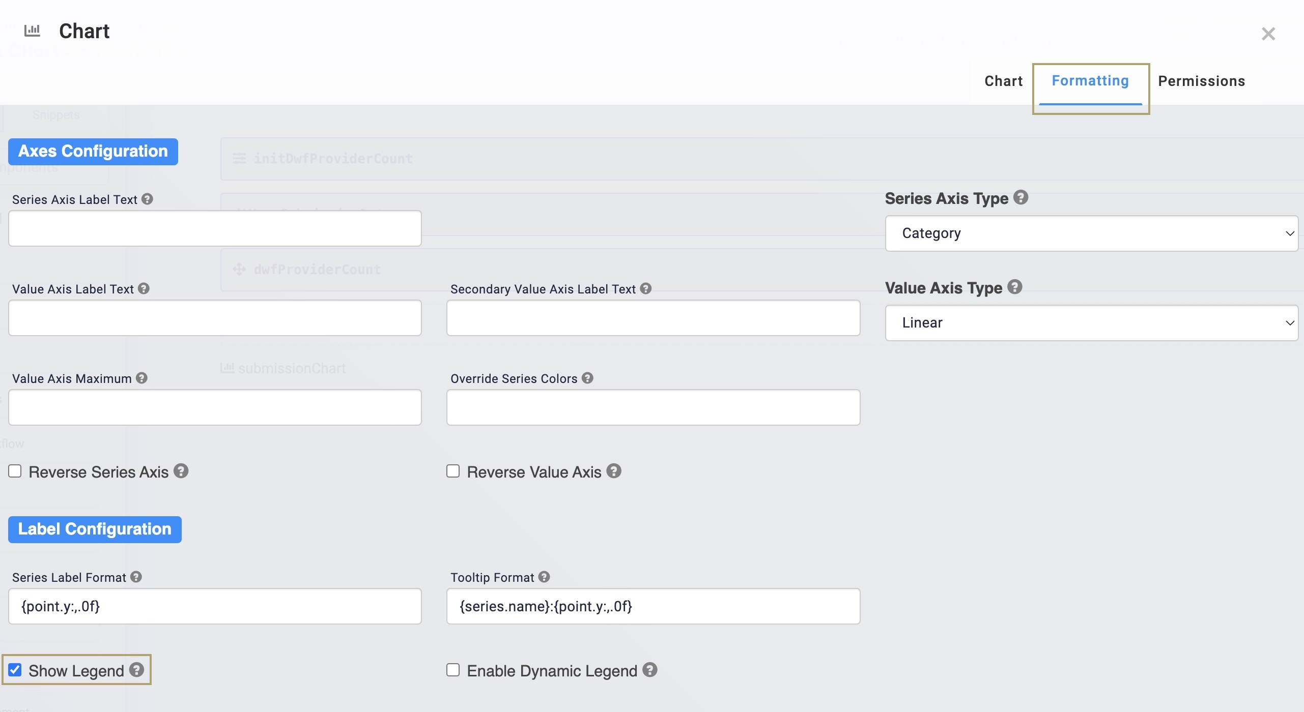 Static image displaying the Show Legend setting checked in the Chart component configuration.
