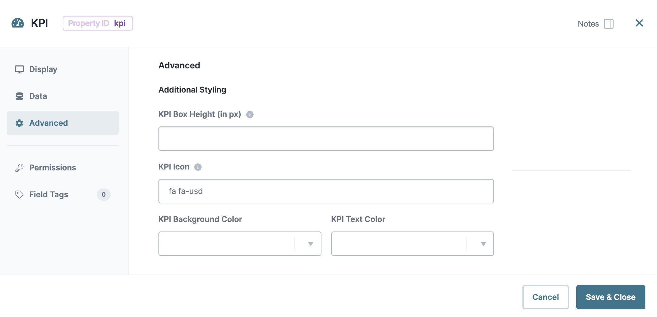 A static image displaying the KPI component's Advanced settings.