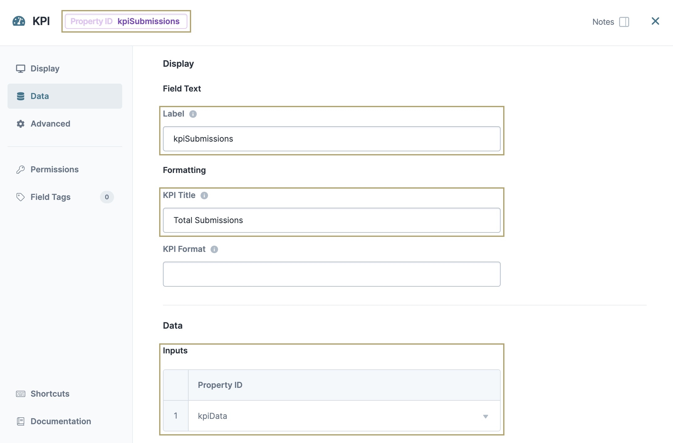 A static image of the configured Property ID, Label, KPI Title, and the selected kpiData Input.