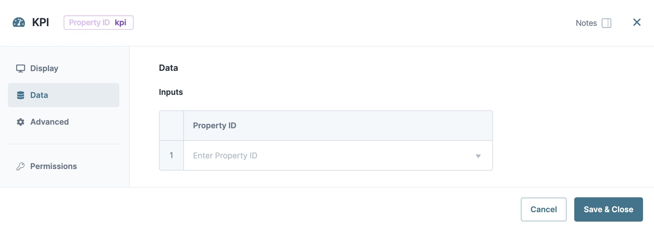A static image displaying the KPI component's Data settings.