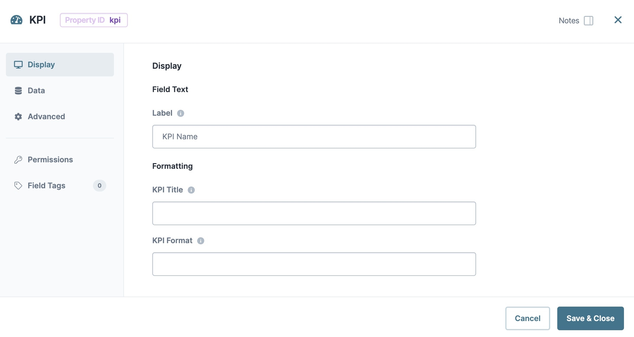 A static image displaying the KPI component's Display settings.