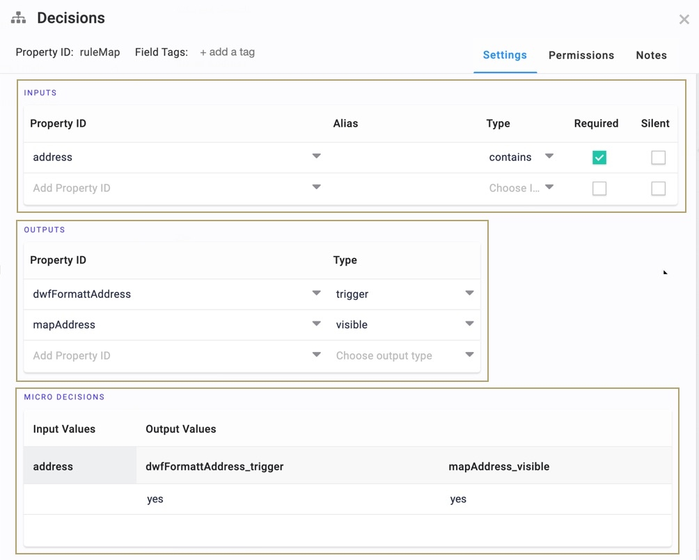 A static image displaying the Decisions component with the Inputs, Outputs, and Micro Decisions tables filled in.