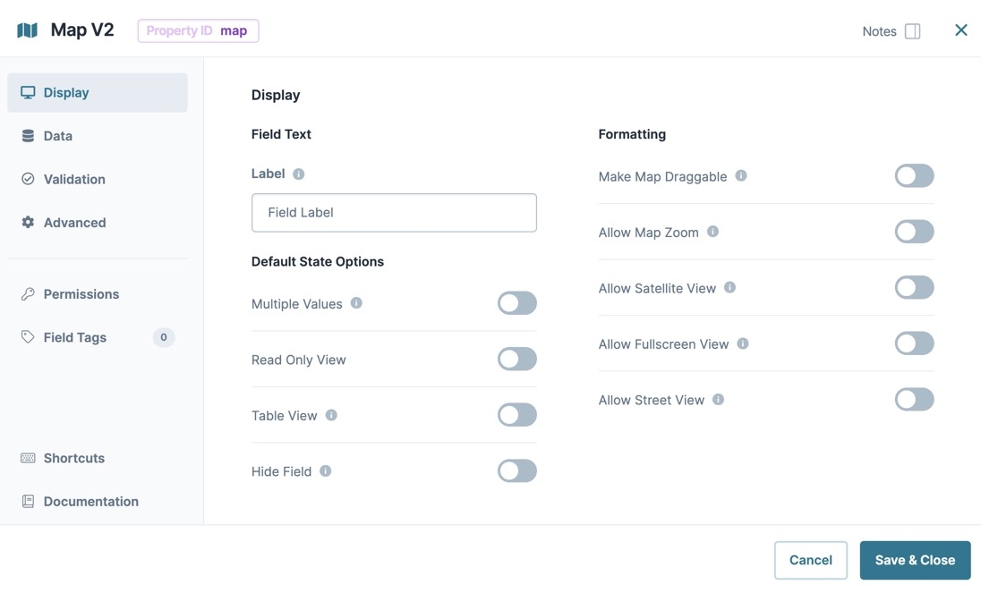 A static image displaying the Map V2 Display settings