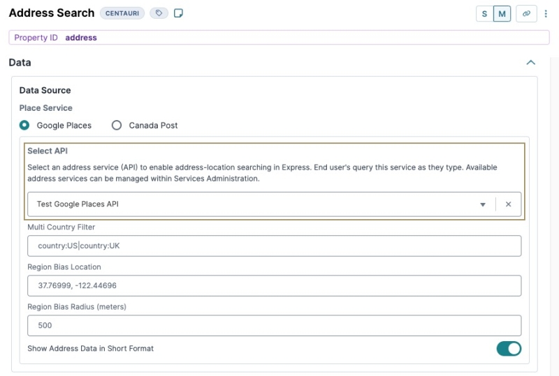 A static image displaying the Address Search componment's data settings.