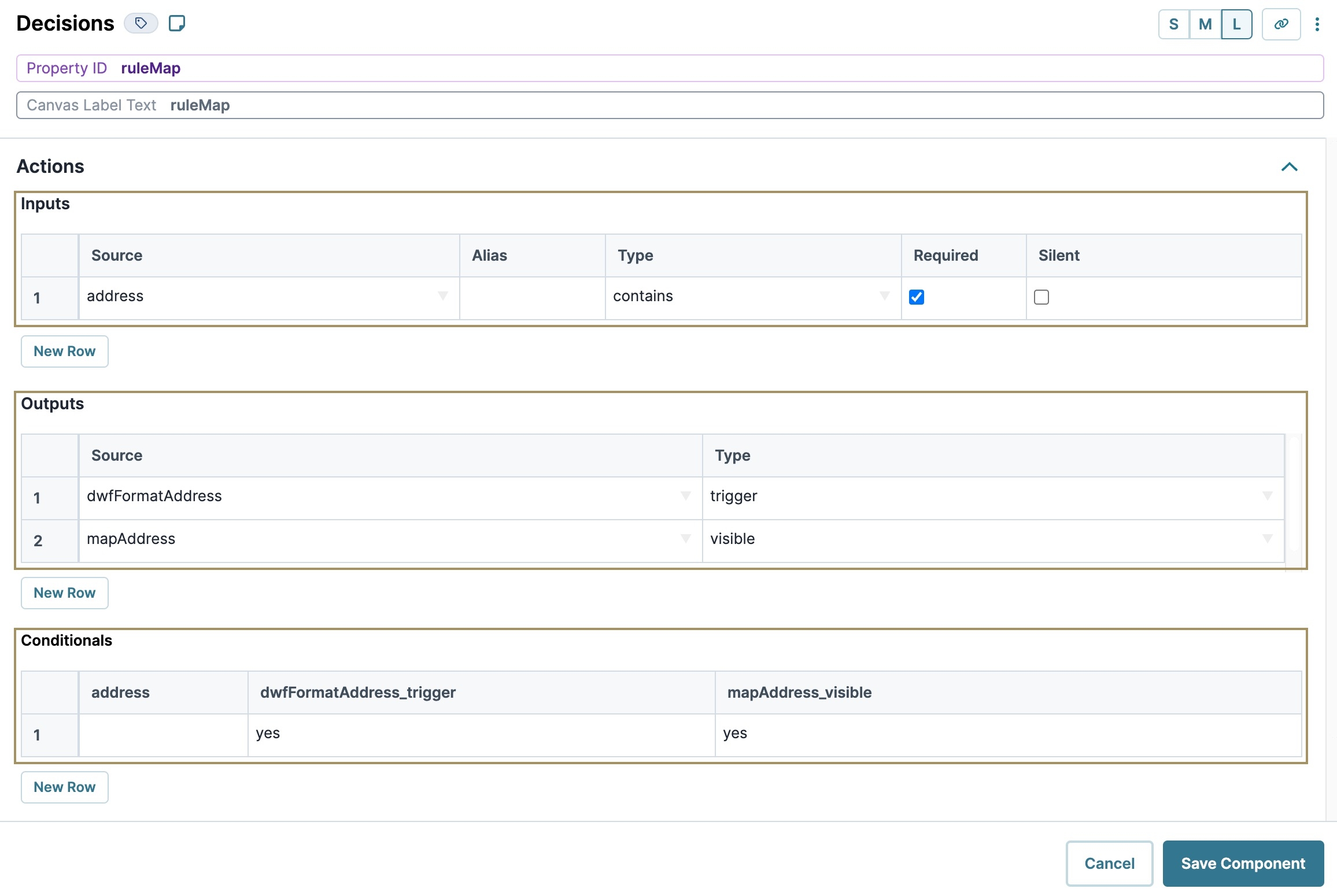 A static image displaying the Decisions component with the Inputs, Outputs, and Micro Decisions tables filled in.