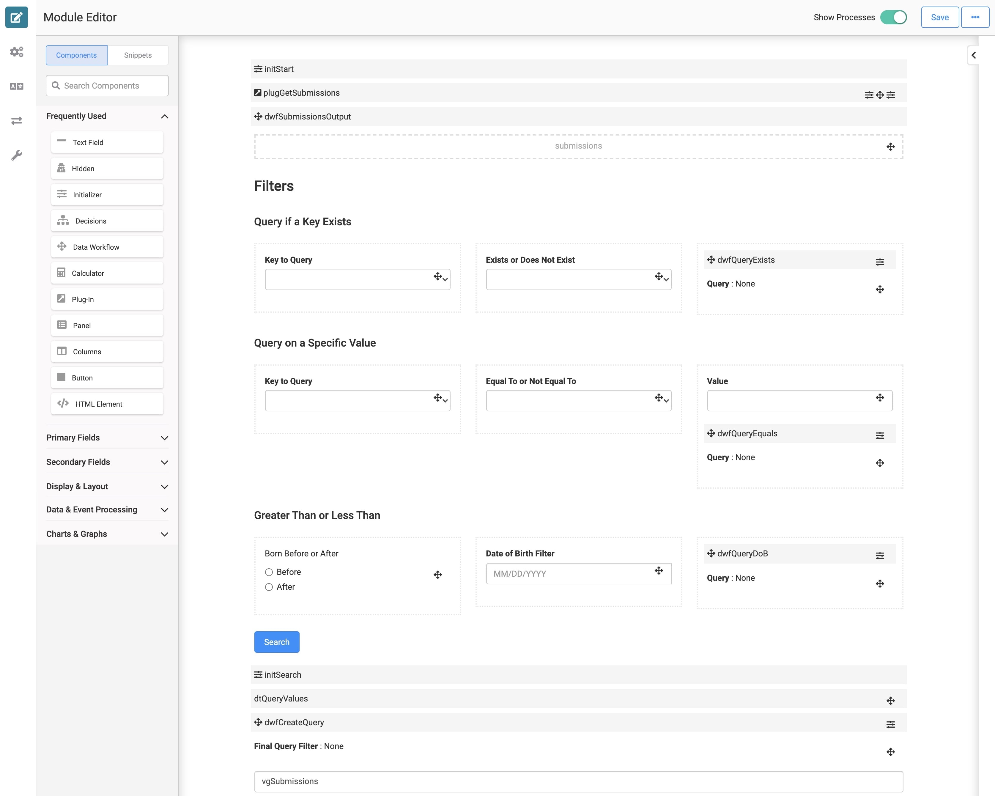 A static image displaying a complex module using panels and columns to organize components.