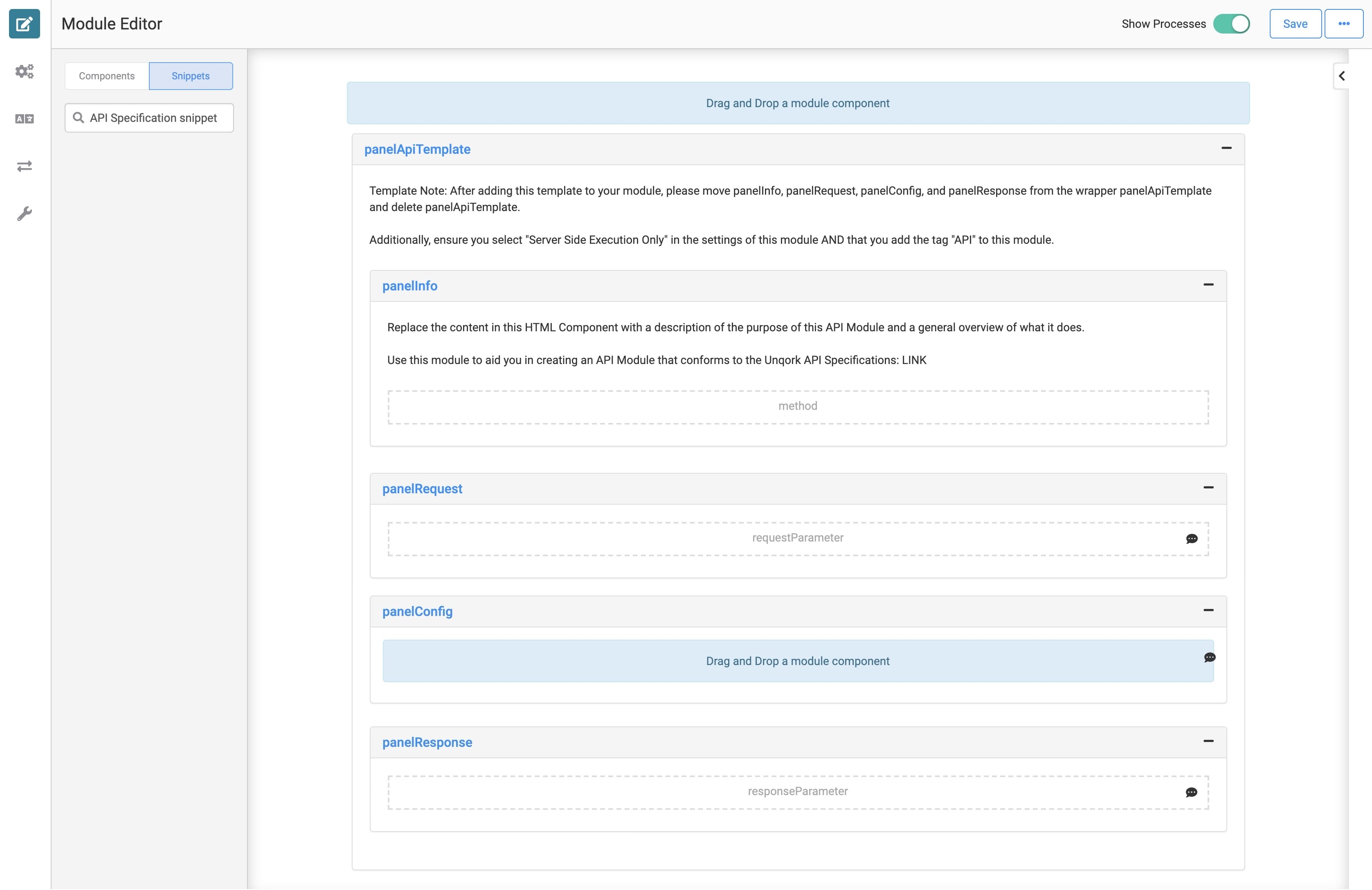 A static image displaying an API module using panels to organize components.
