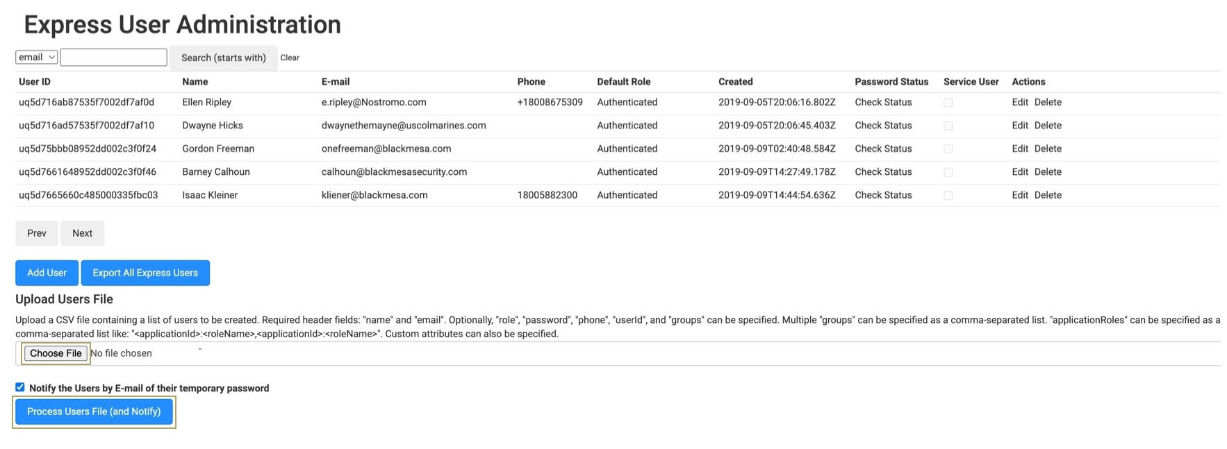 A static image displaying the Express User Administration page. The Choose File and Process Users File buttons are highlighted.