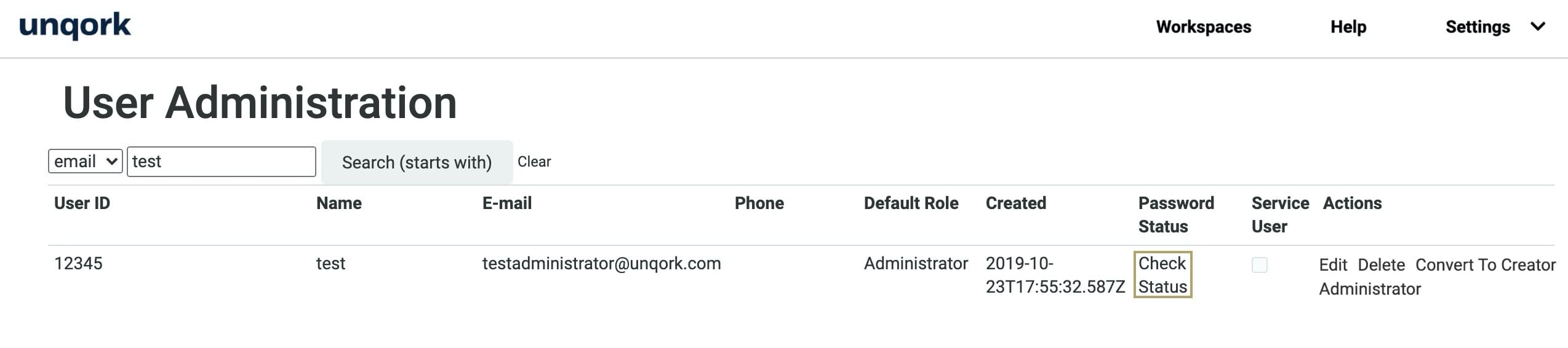 A static image displaying the Express User Administration page, the password status Check Status, status is highlighted.