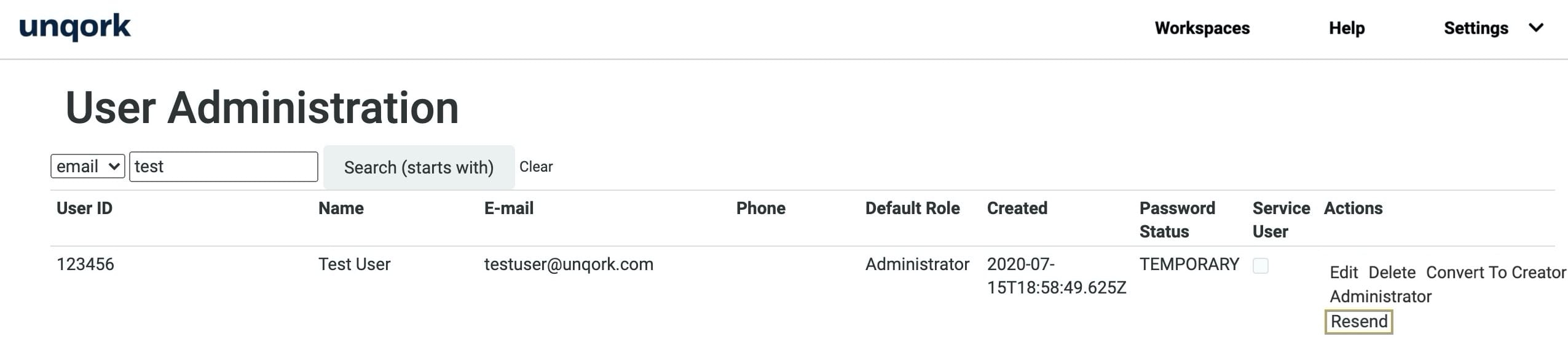A static image displaying the Express User Administration page, the Resend button is highlighted.