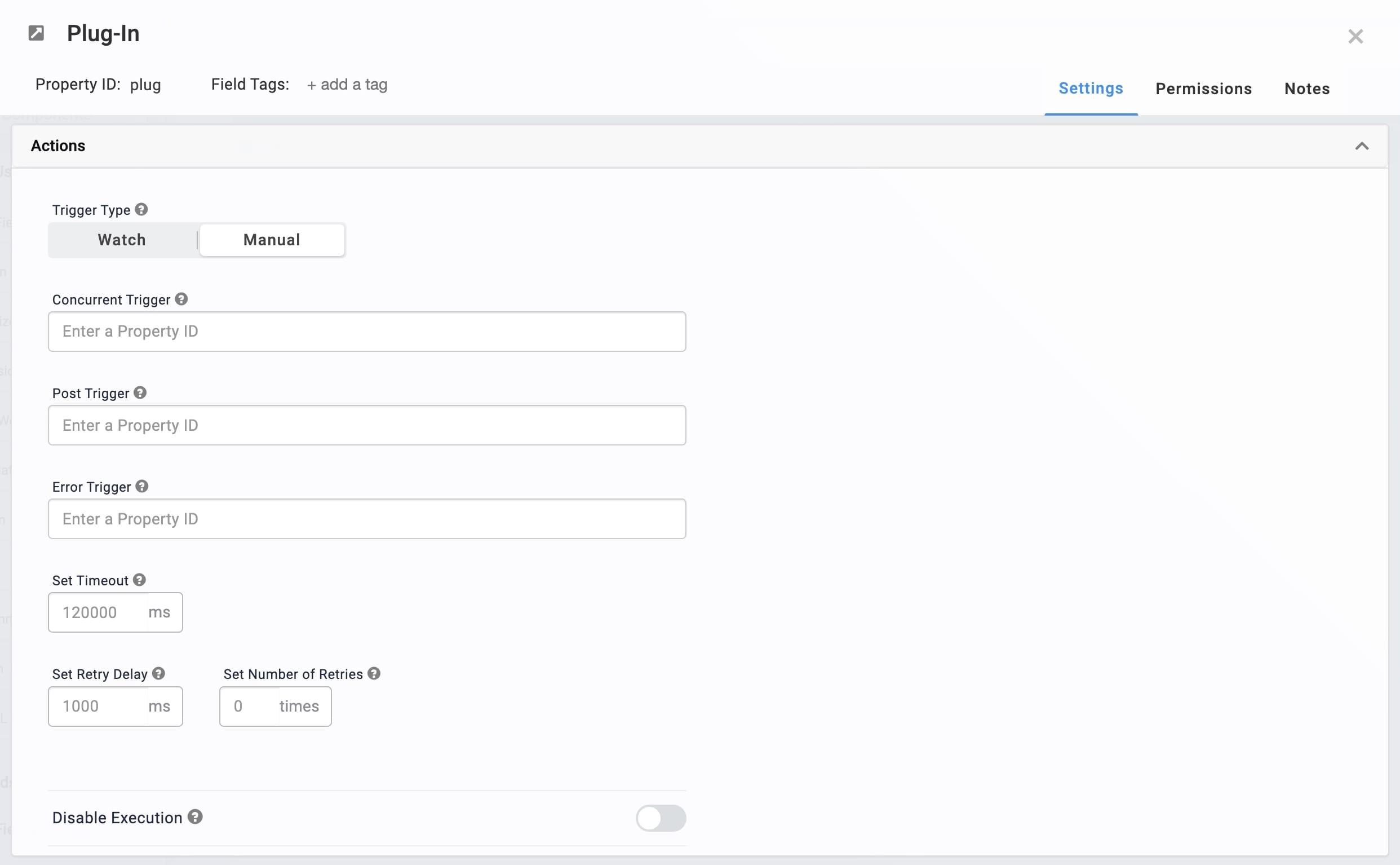 A static image dispaying the Plug-In component's Action settings.