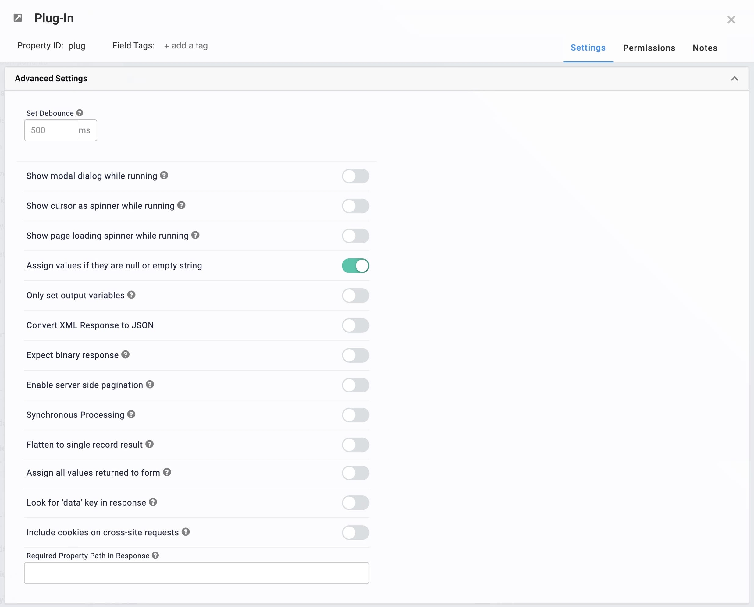 A static image dispaying the Plug-In component's Advanced settings.