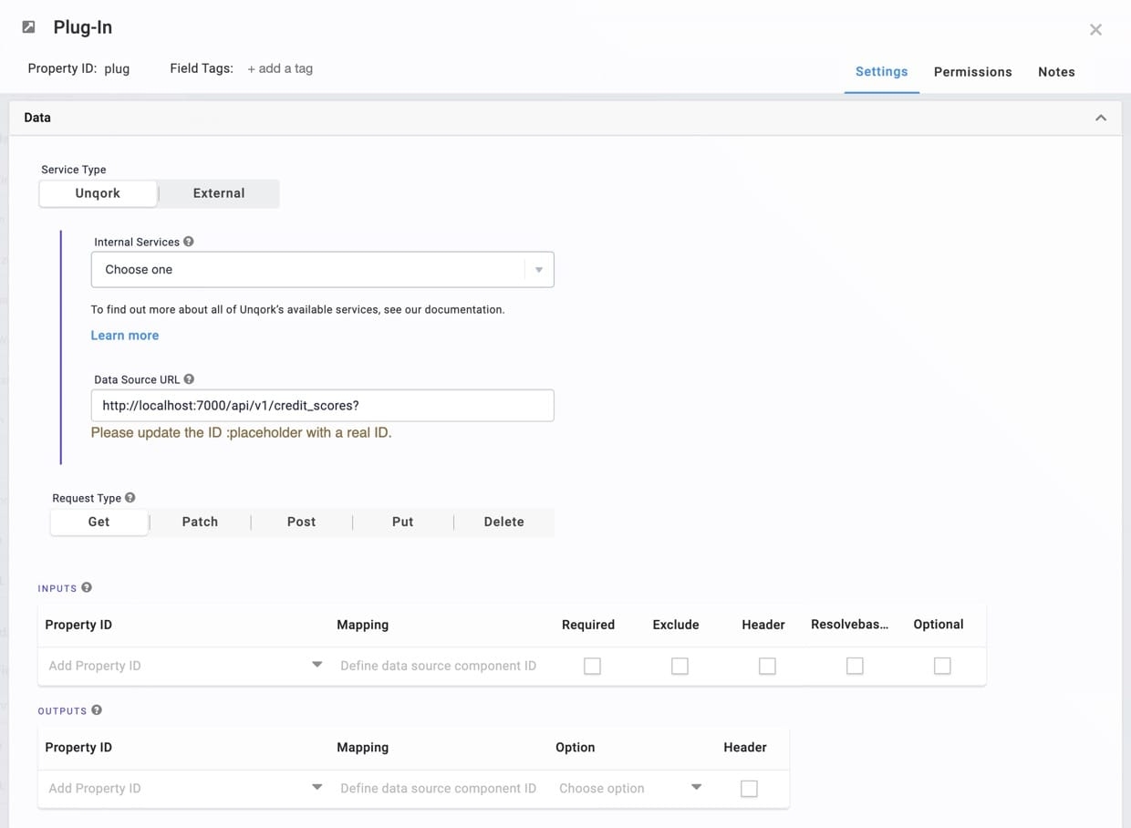 A static image dispaying the Plug-In component's Data settings.