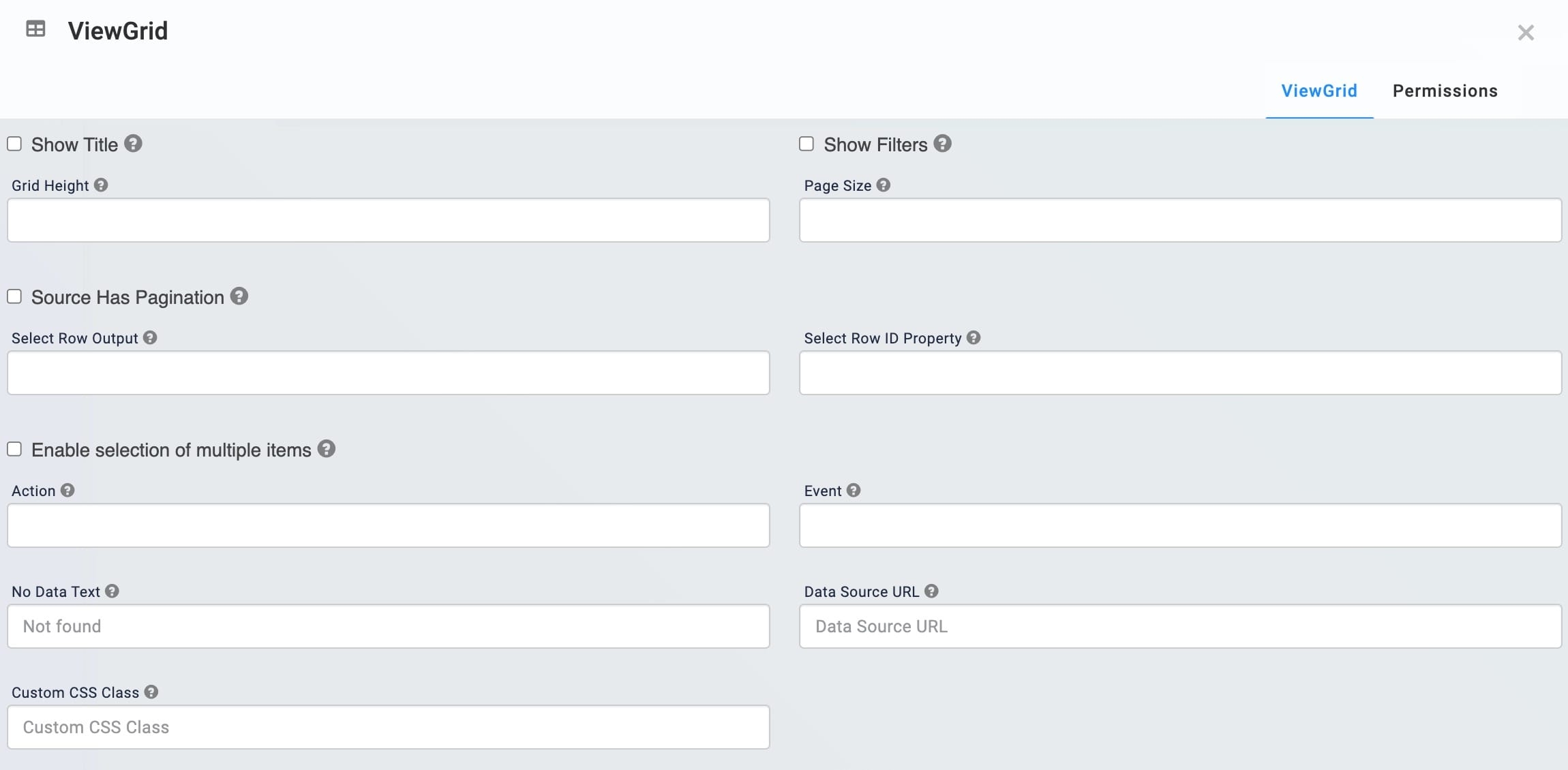 A static image dispaying the ViewGrid component's Customization settings.