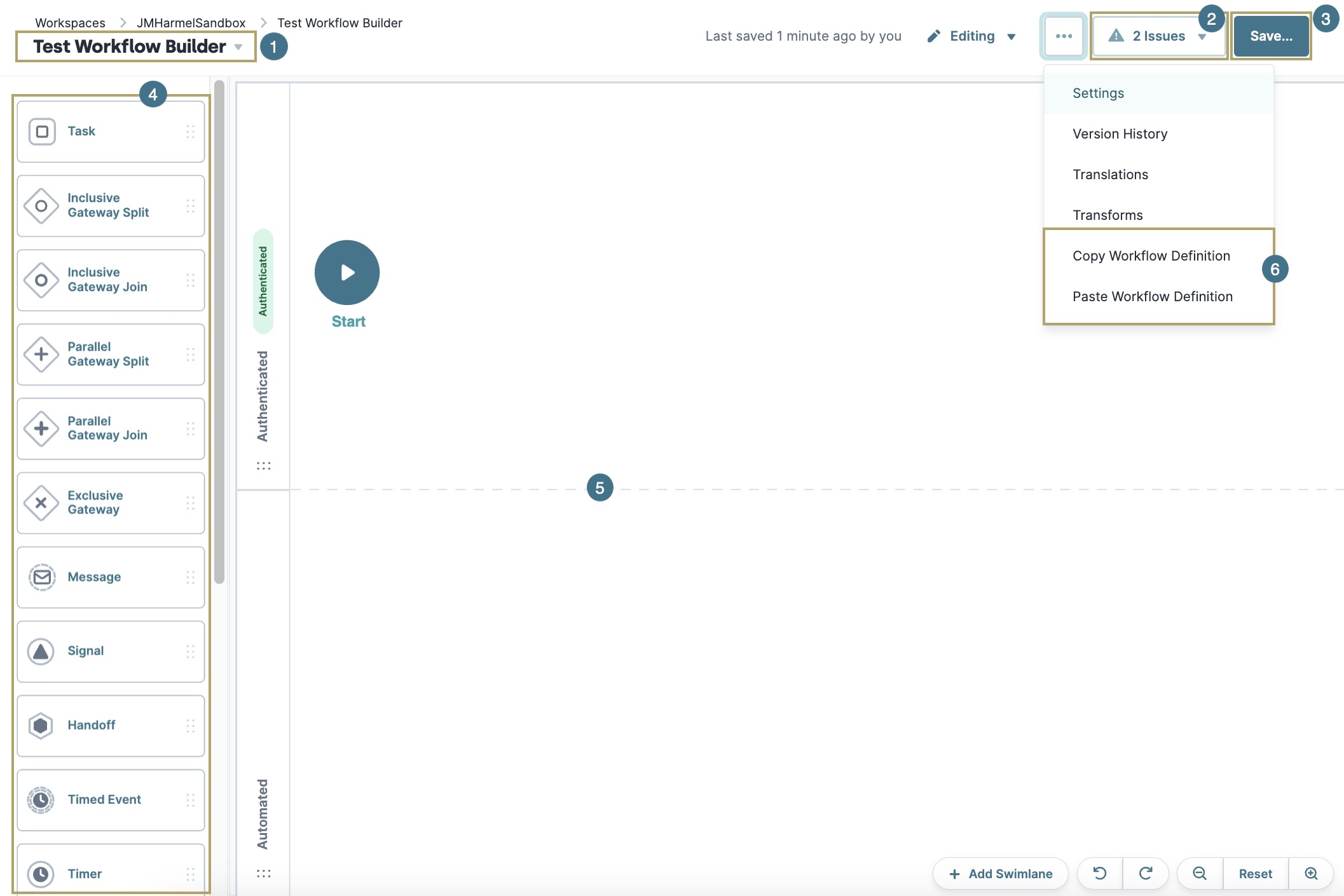 A static image displaying all the attributes and settings of the Workflow Editor.
