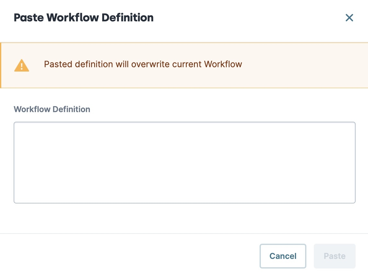 A static image displaying the Paste Workflow Definition modal.