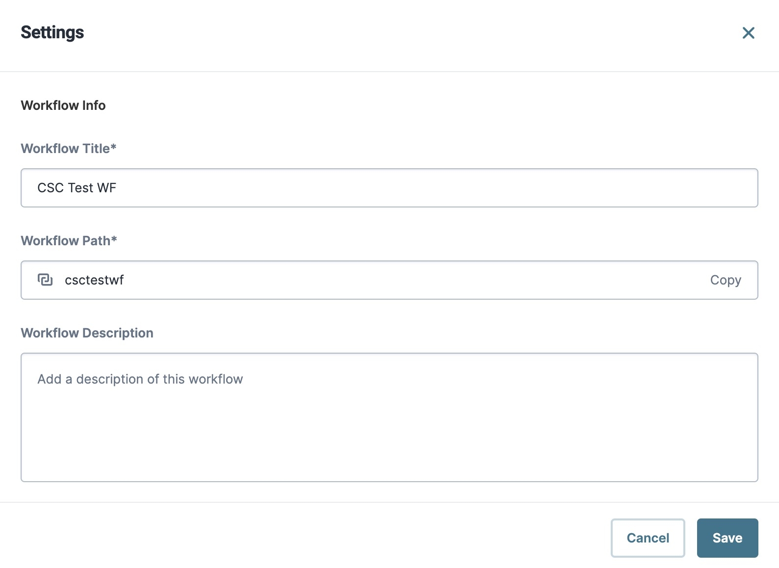 A static image displaying the Workflow Info section of the Workflow Settings modal.