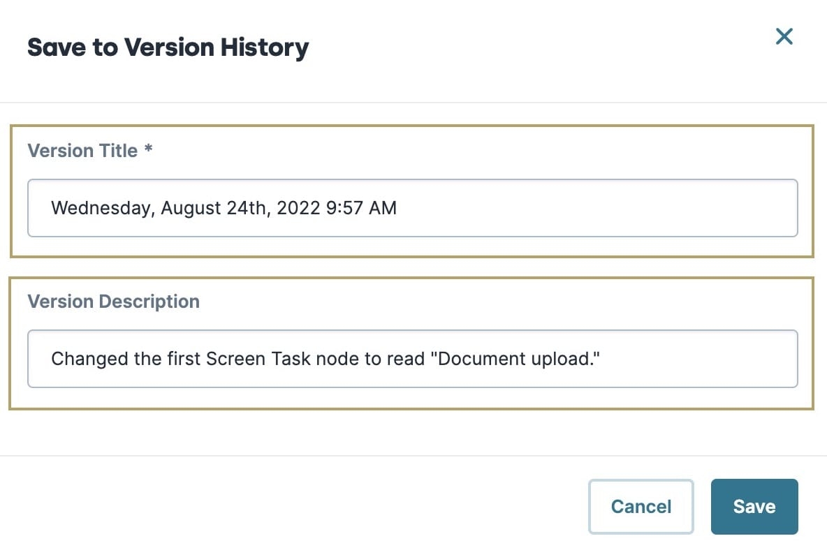 A static image of the Save to Version History screen showing the Version Title field and the Version description field.