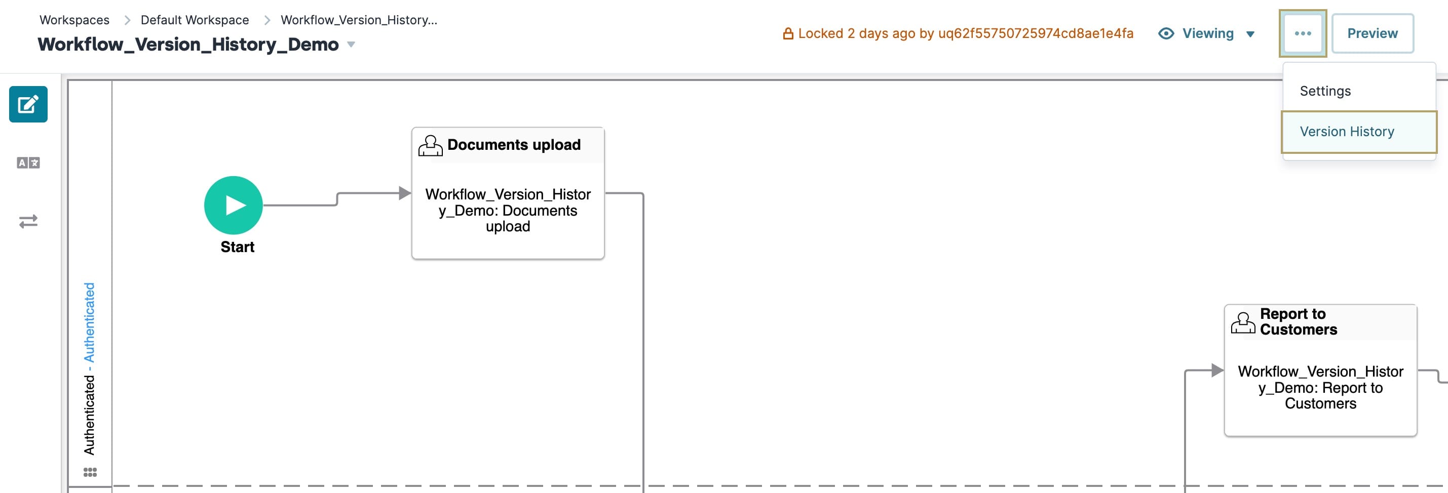 A static image of the Workflow Builder showing how Creators can access Workflow Version History by clicking the ellipsis button, then clicking Version History.