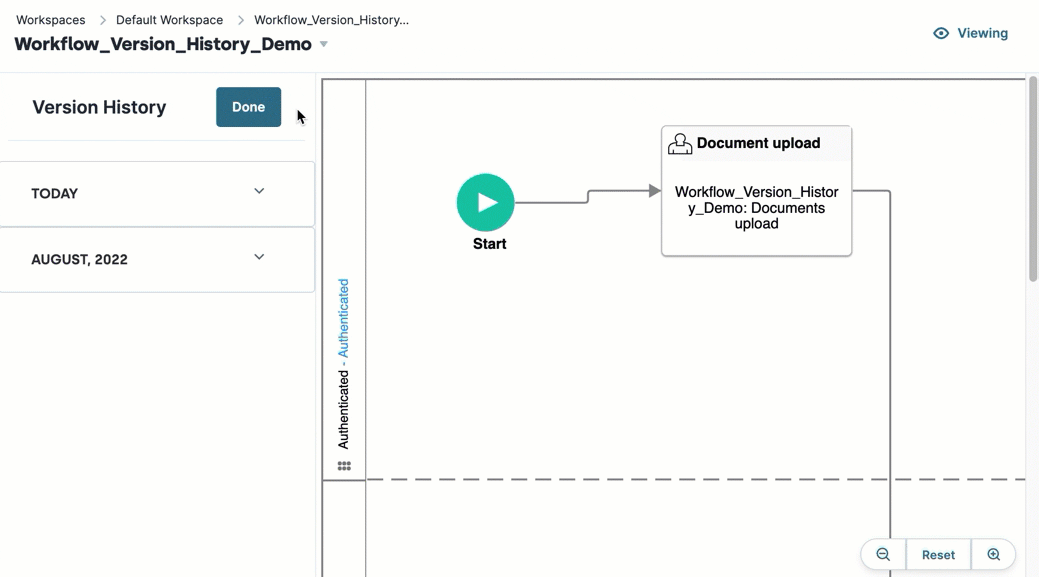 An animated gif of a user accessing different workflow versions in the Version History side-bar .