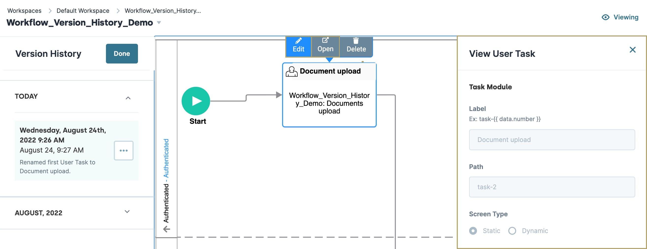 A static image displaying the Workflow Version History Preview Canvas, a Screen Task node displays with the Edit and Open buttons highlighted, a side-bar on the right side of the screen displays the Screen Task node's settings.