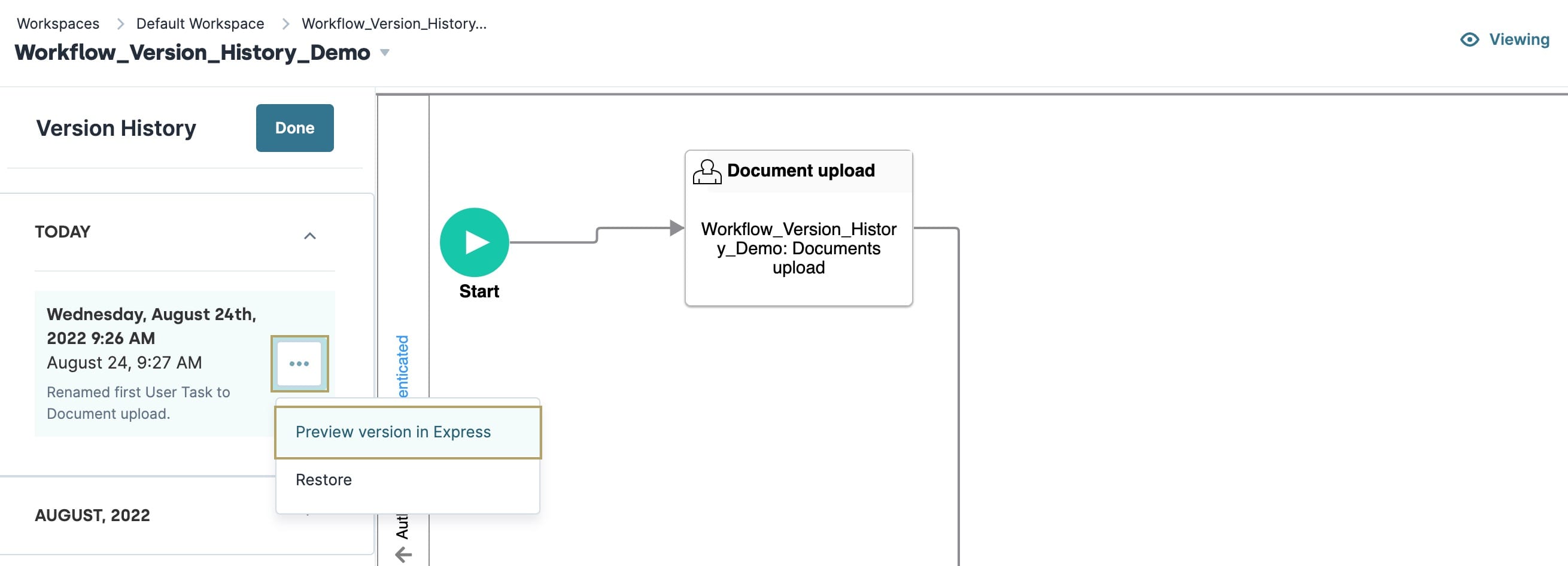 A static image displays the Version History side-bar, a previous workflow is selected and highlights the Preview version in Express button.