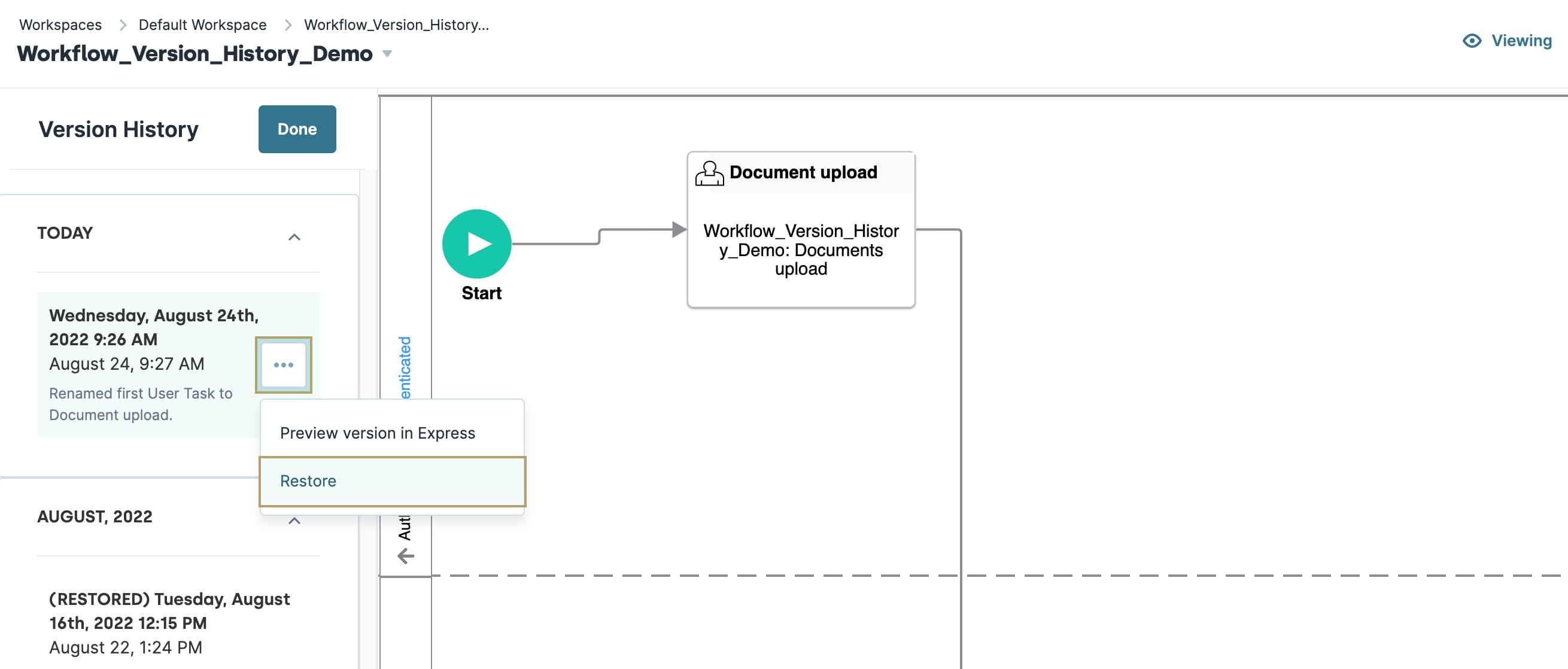 A static image displaying the Workflow Version History side-bar, with a previous workflow highlighted. The ellipsis button is selected and the Restore button is highlighted.