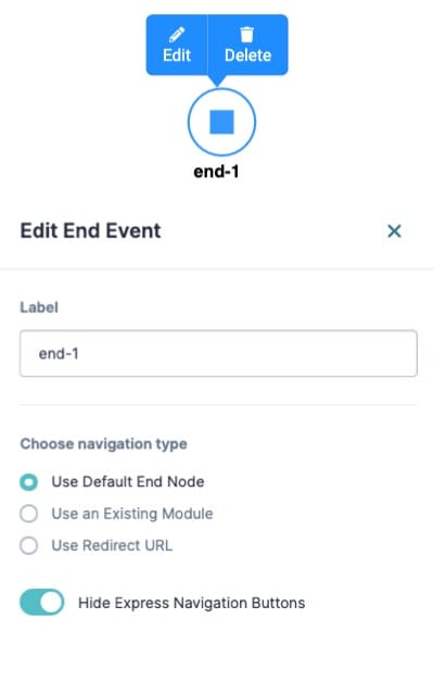 A static image displaying the End node on the workflow canvas, and the End node's confiugration panel with default settings.