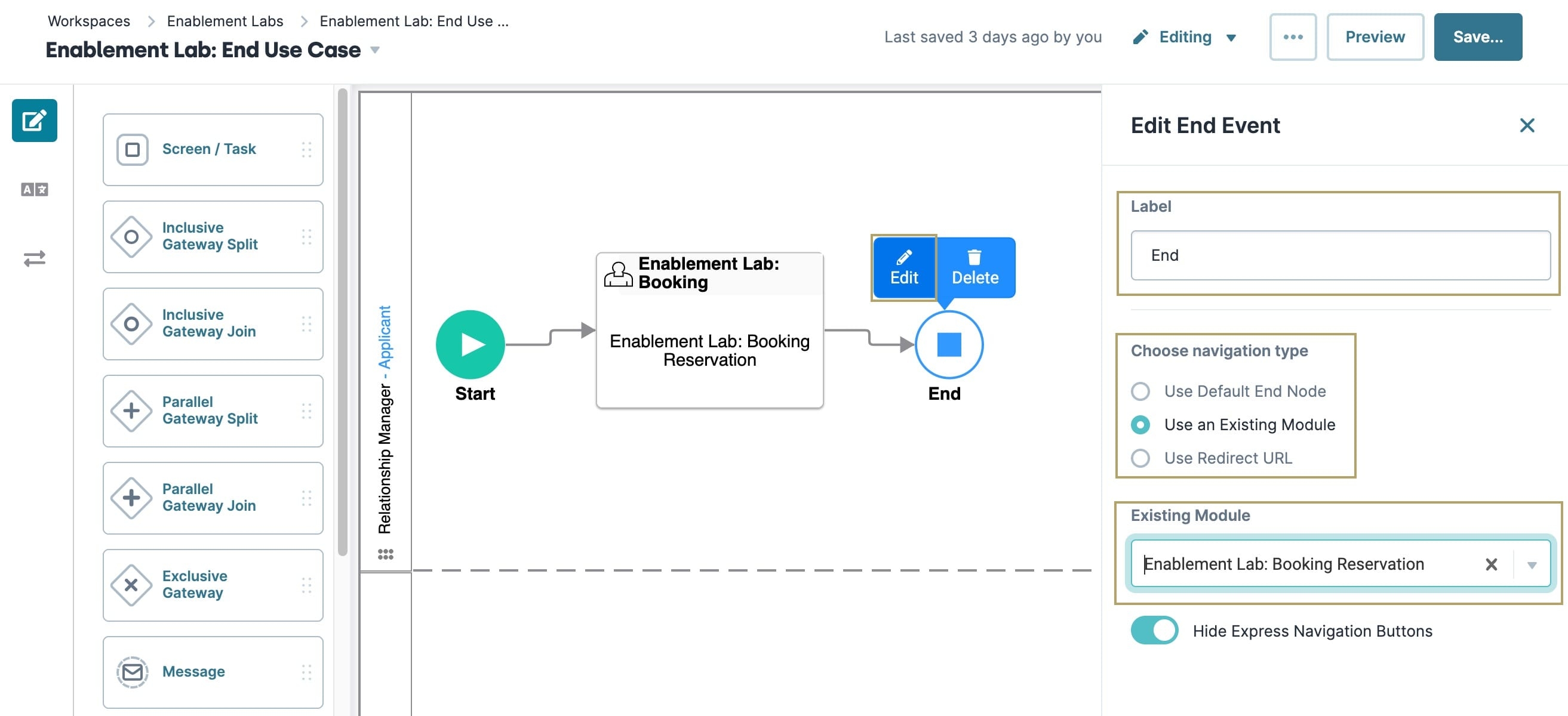 A static image displaying the Workflow Builder Canvas. The End node configuration window is open, with the Label set to End, Navigation Type set to Existing Module, and Existing module set to Enablement Lab: Booking Reservation.
