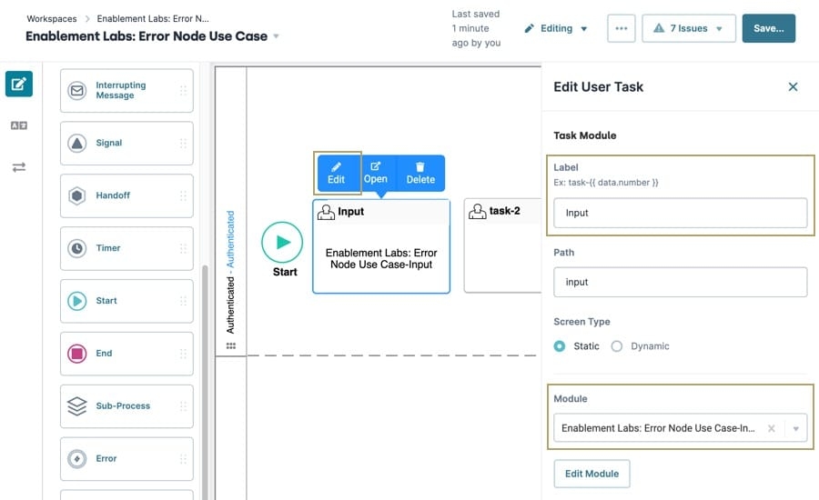 A static image displaying a workflow, the Screen/Task node is selected, the Label field and Module drop-down settings are highlighted.