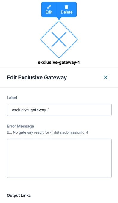 A static image displaying the Exclusive Gateway node default settings window.