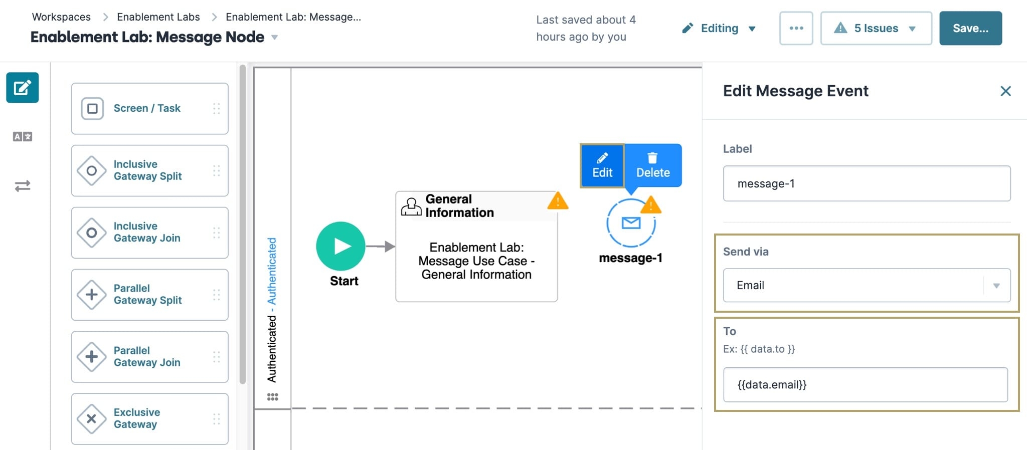 A static image displaying the Edit Message Event page of the Message node, the Send Via and To fields are highlighted.