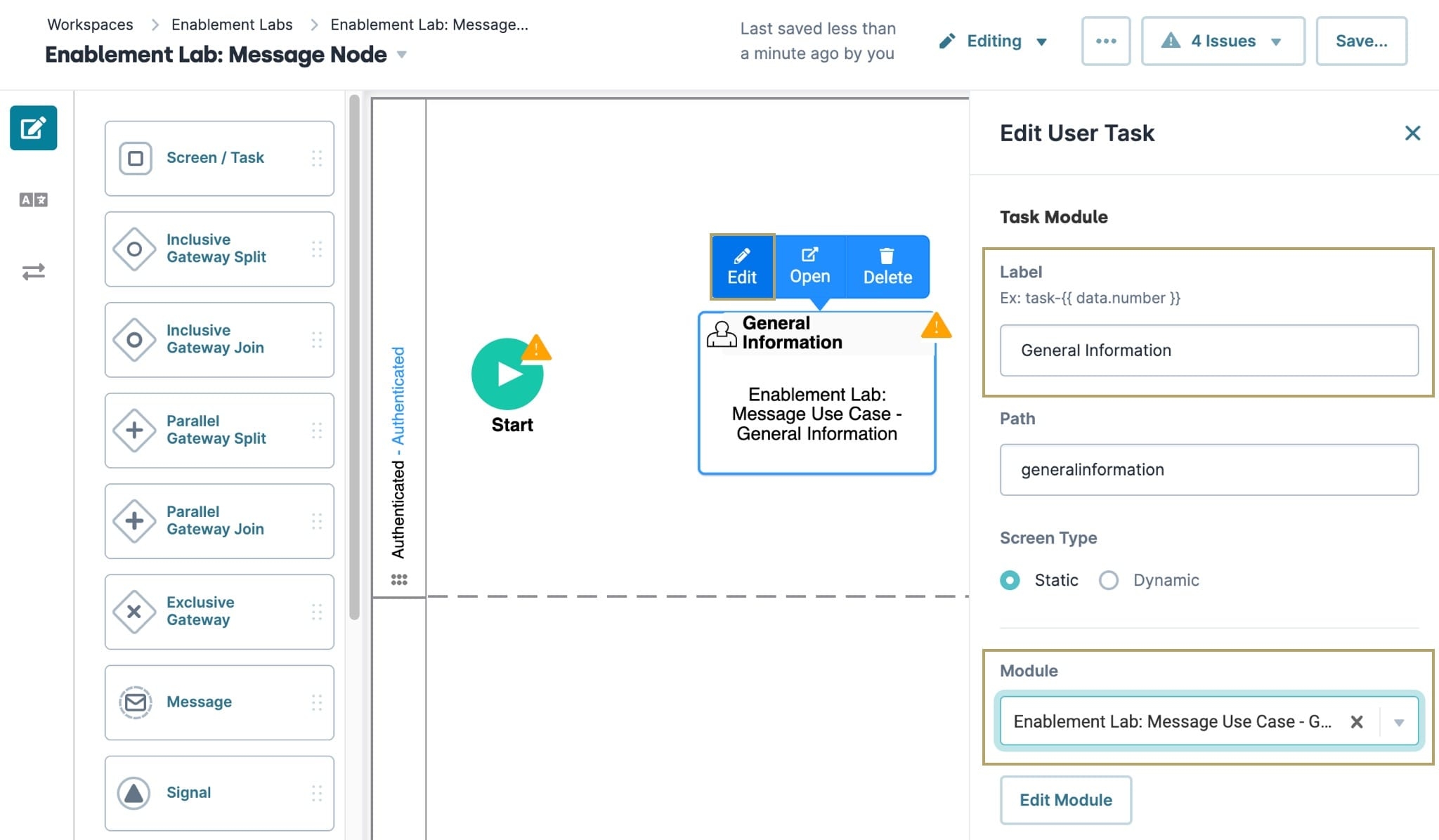 A static image displaying the Workflow builder, the Screentask node is selected, the Edit User Task menu is open with the Label and Module fields highlighted.