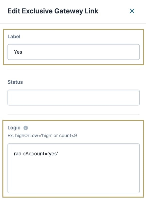 A static image displaying the first Exclusive Gateway Link. The Label and Logic fields are highlighted.