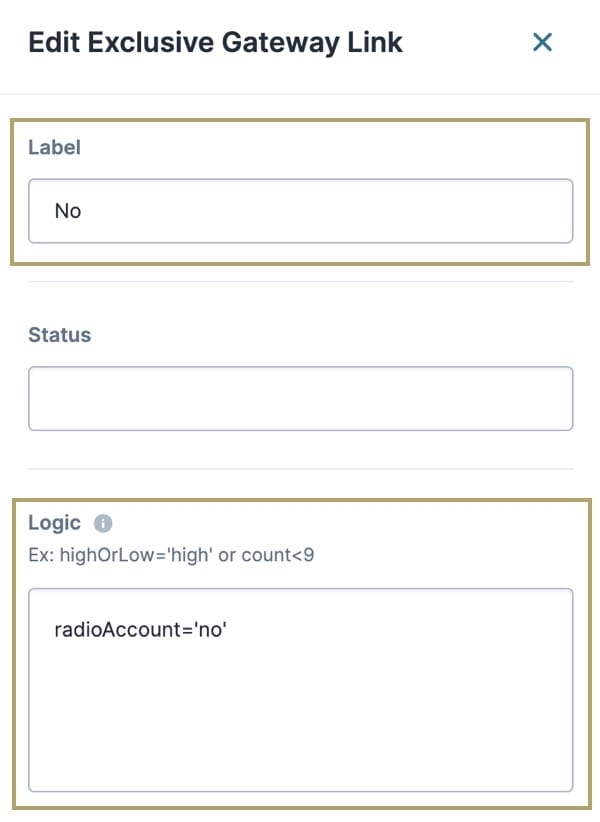 A static image displaying the second exclusive gateway link, the Label and Logic fields are highlighted.