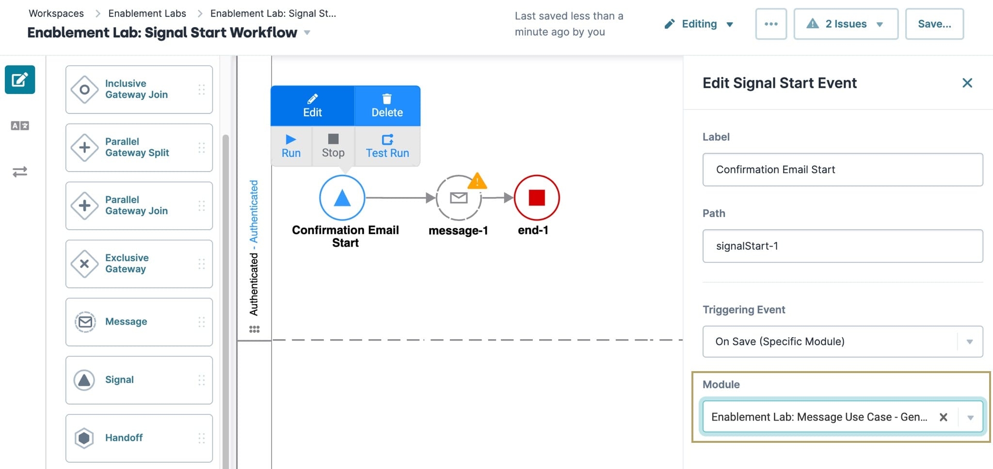 A static image showing the Edit Event Window of the Signal Start node, the Module "Enablement Lab: Message Use Case..." is selected.
