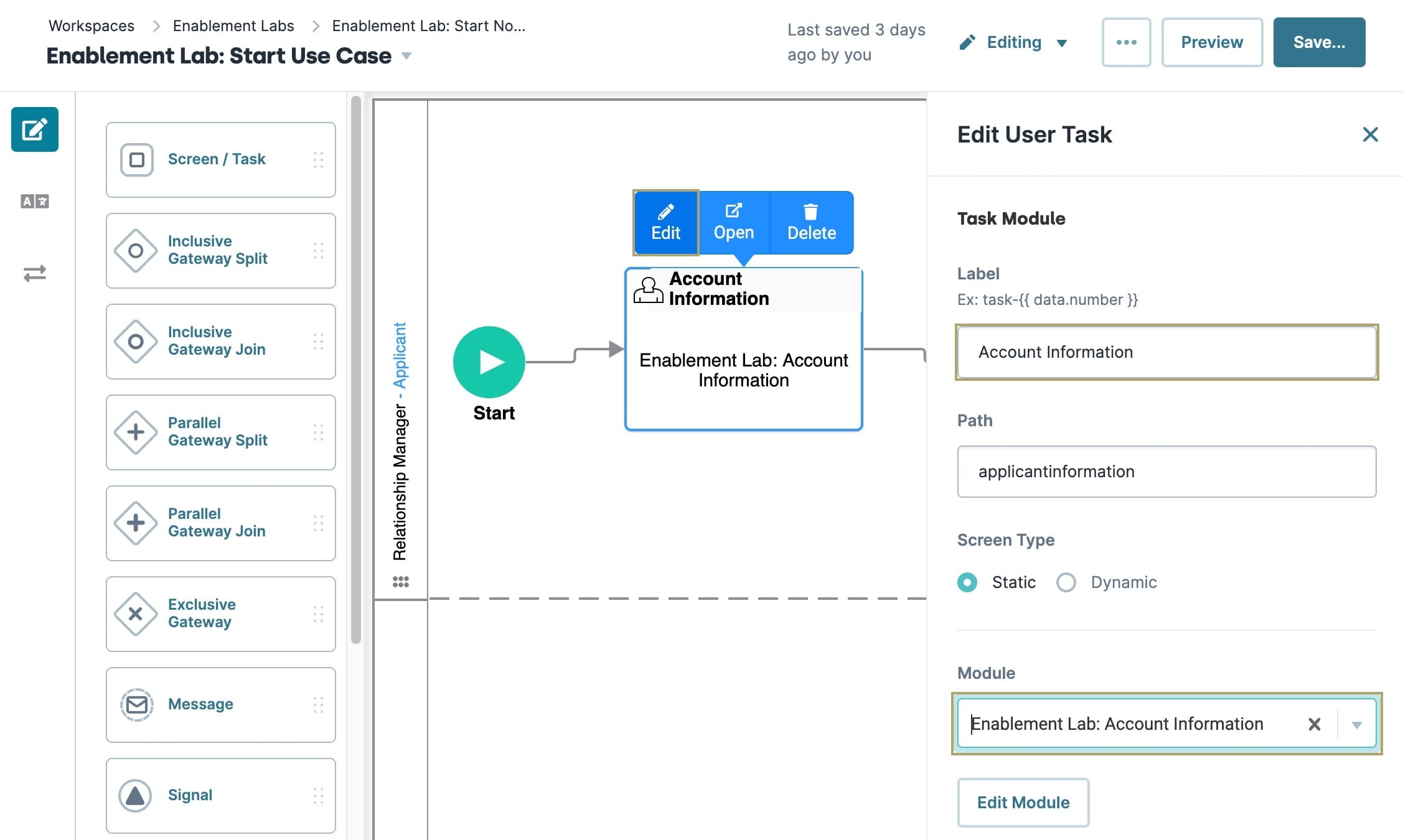 A static image displaying the Workflow Builder canvas with the Screen/Task node configuration panel open. The panel shows the Account Information module selected.