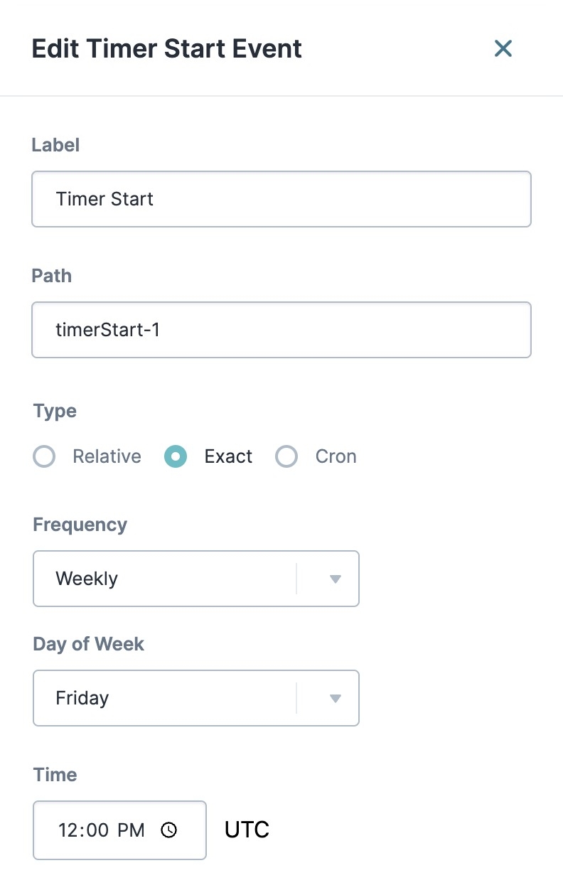 A static image displaying the Timer Start node configuration in the Edit Timer Start Event panel.
